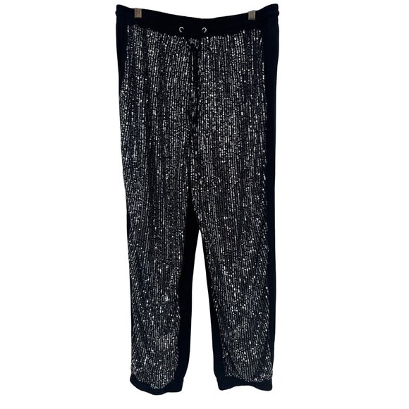 Umgee Womens silver Sequin Pants Black linen joggers Size Large new - Picture 1 of 6